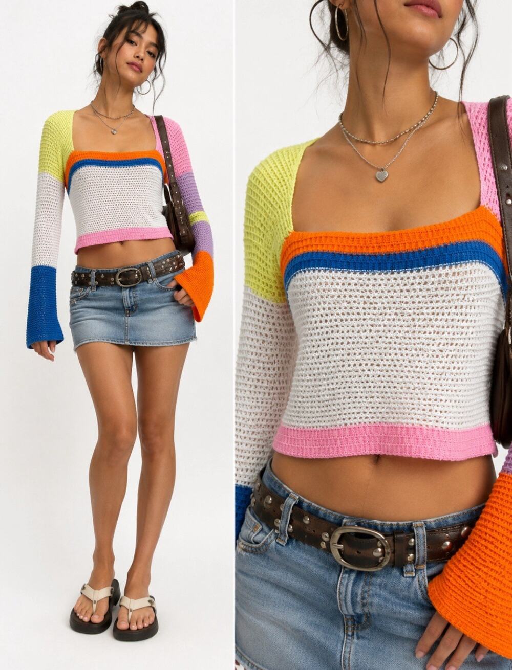 Y2K Indie Festival Handmade Unbranded Crochet Crop Top M Colorblock Bell Sleeve